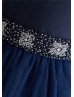 Navy Blue Satin Tulle Beaded Sash Knee Length Flower Girl Dress 